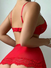 Red Sheer Lace Lingerie Dress – Eyelash Trim & Garter Belt