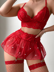 Sexy Red Lace Lingerie Set – Push-Up Bra & Sheer Panty