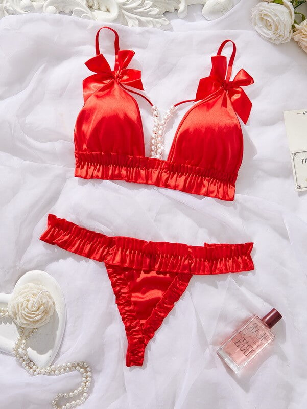 Satin Lingerie Set - Pearl Accented Bra & Thong with Bow Tie