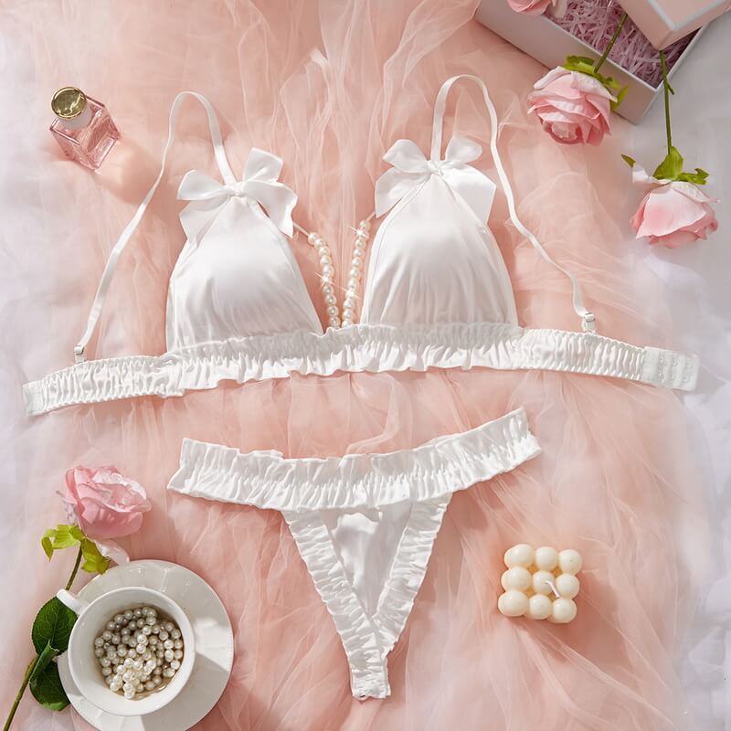 Satin Lingerie Set - Pearl Accented Bra & Thong with Bow Tie