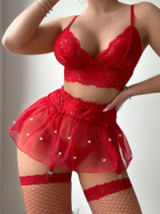 Red Love Gift Valentine's Day Womens Sexy Underwear Set Lace Seductive Sleepwear Push-up Bra Skirt Suit Transparent Panties