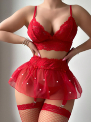 Red Love Gift Valentine's Day Womens Sexy Underwear Set Lace Seductive Sleepwear Push-up Bra Skirt Suit Transparent Panties