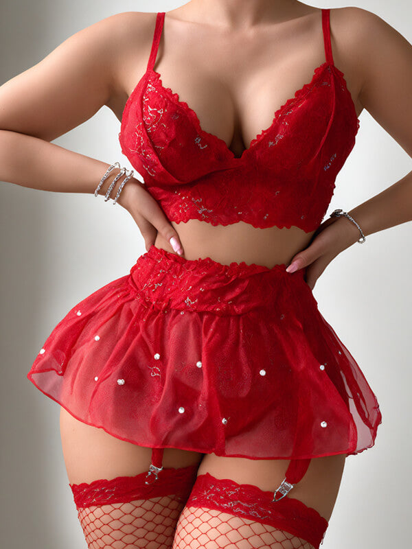 Sexy Red Lace Lingerie Set – Push-Up Bra & Sheer Panty